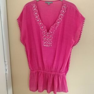 NY Collection Pink Embellished Blouse Top Swimsuit Cover L Vacation Beach Pool